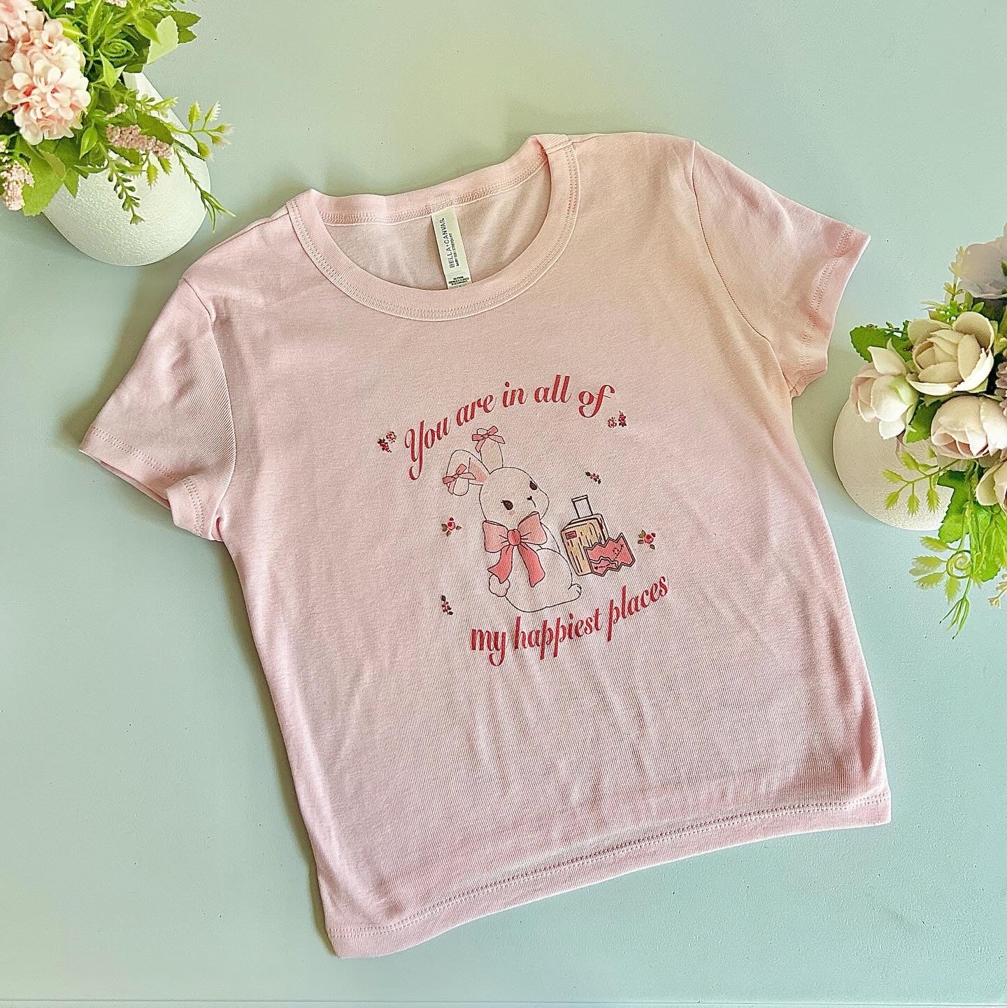 Happy place coquette bunny pink baby tee