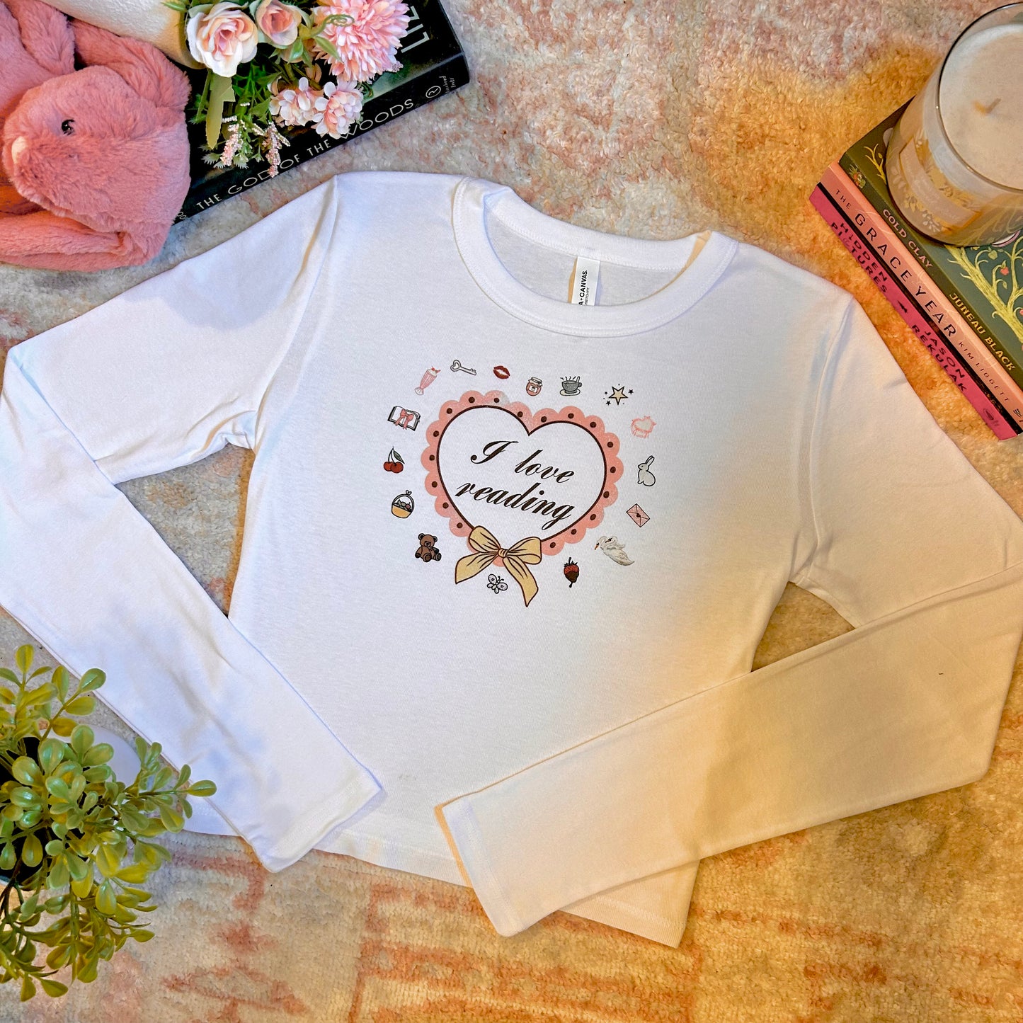 I love reading! - coquette doodles long sleeve baby tee