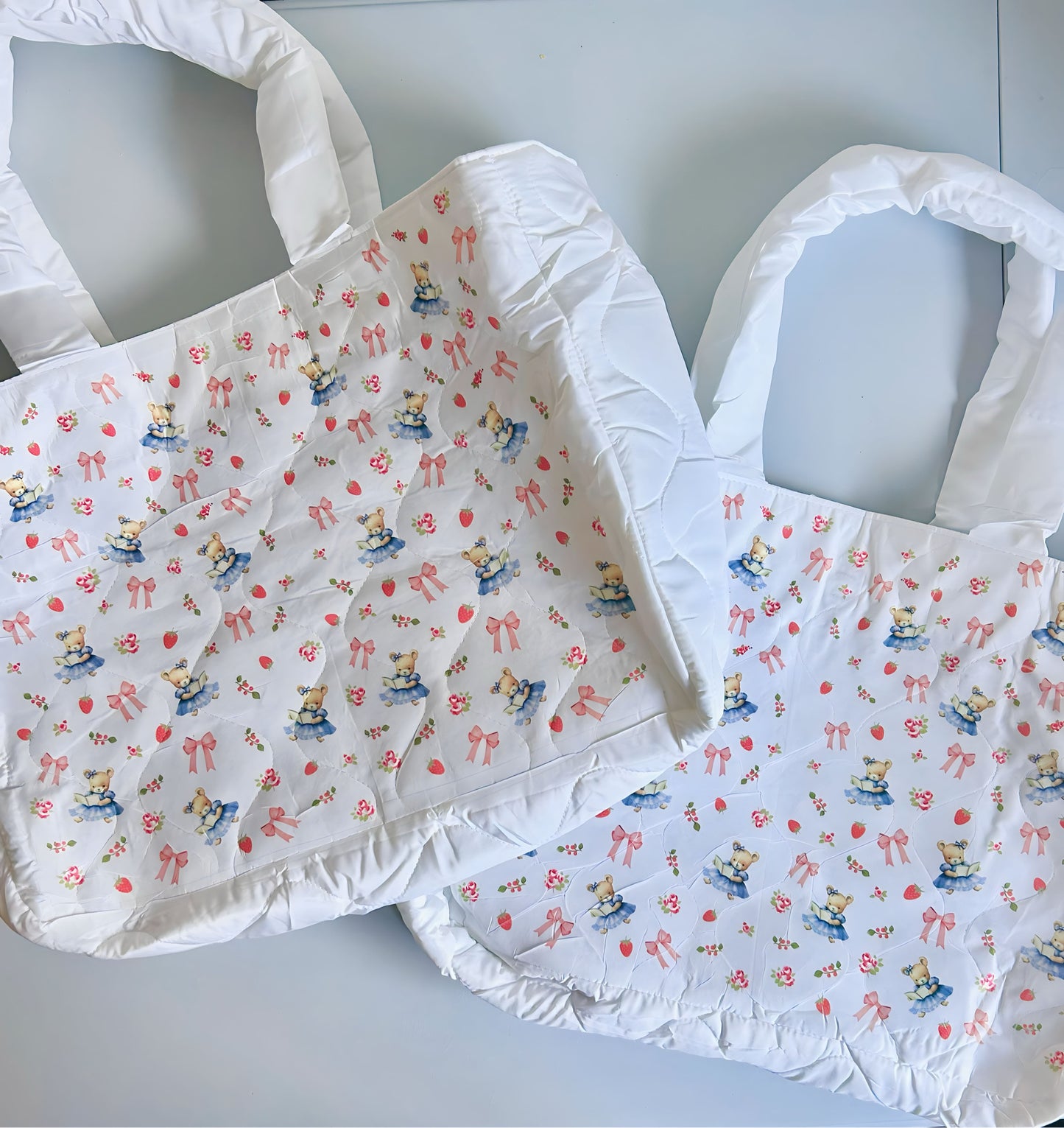 Beary Booked - Florals and bows print puffer white tote bag