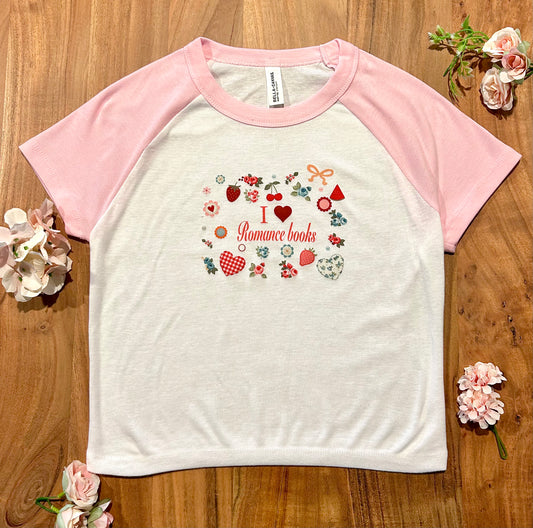 I ❤️ Romance Books pink and white baseball baby tee