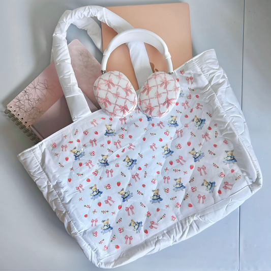 Beary Booked - Florals and bows print puffer white tote bag