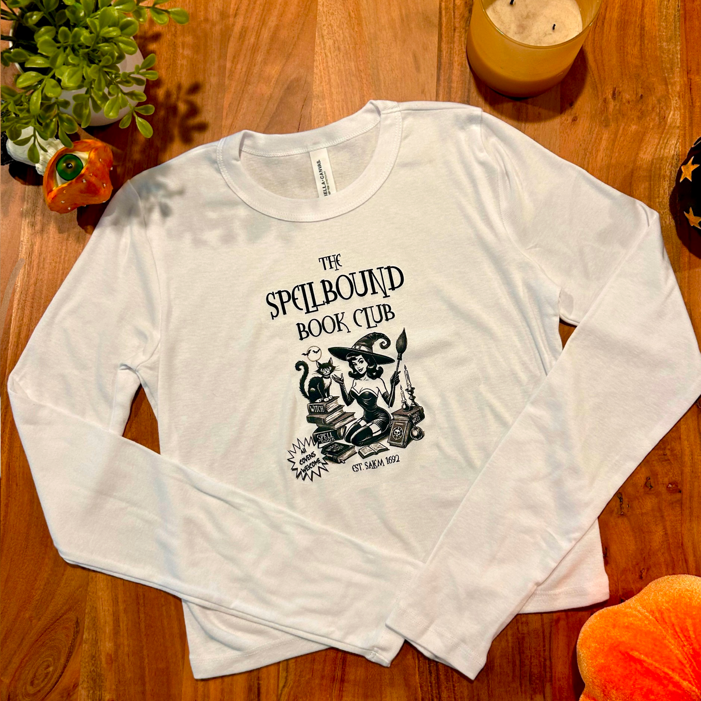 Spellbound Book club vintage Halloween white long sleeve baby tee!