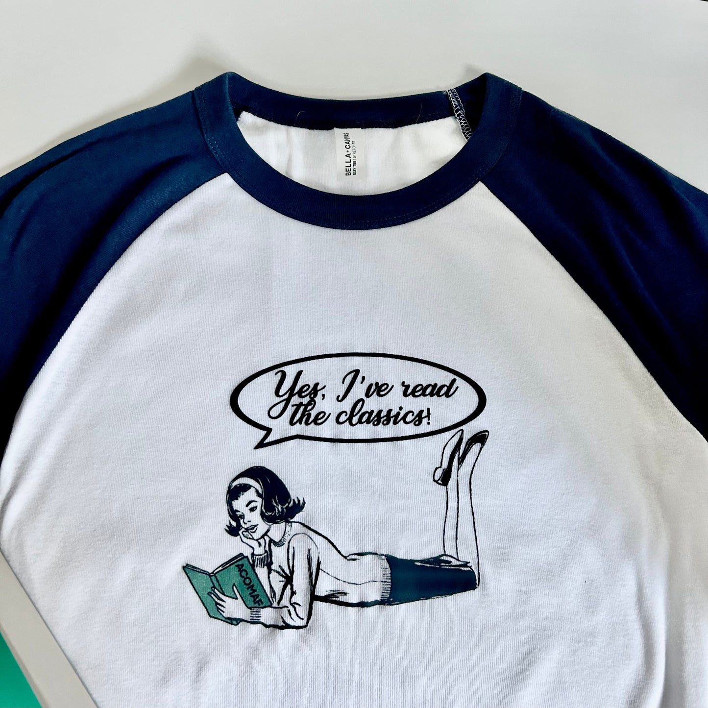 Yes, I've read the classics! Dark blue and white baseball baby tee