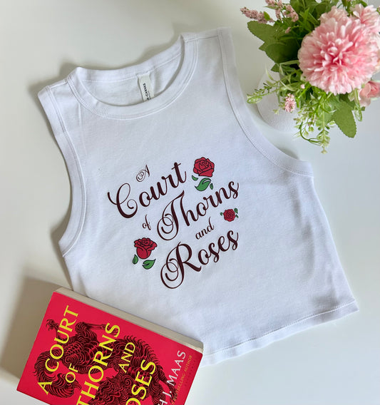 ACOTAR rose doodle white tank