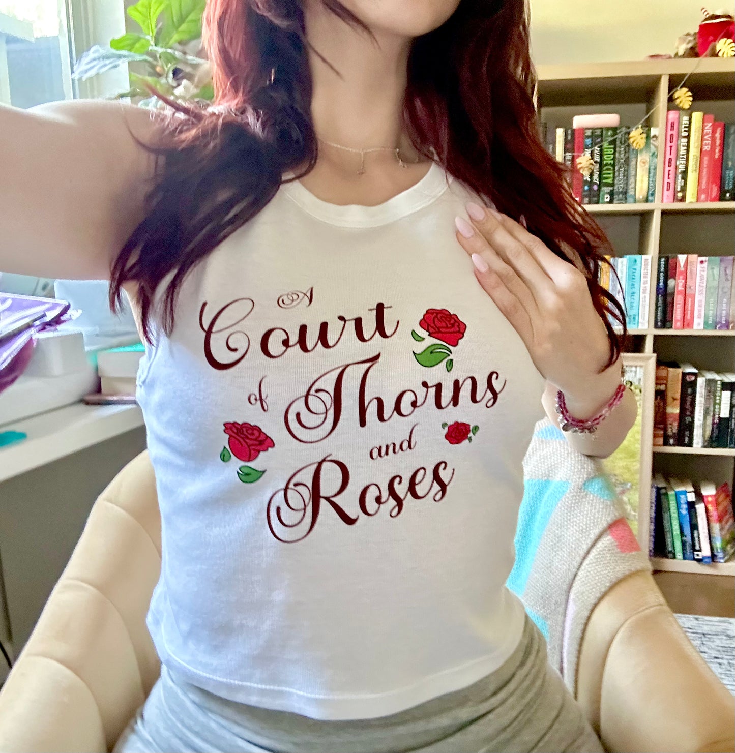 ACOTAR rose doodle white tank