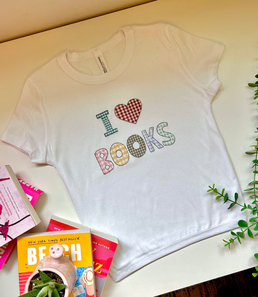 I ❤️ Books patchwork letters - white short sleeve baby tee