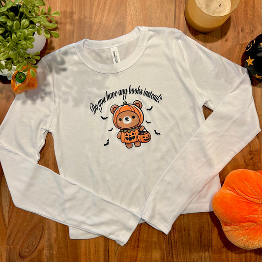 Book lover trick or treat white long sleeve baby tee