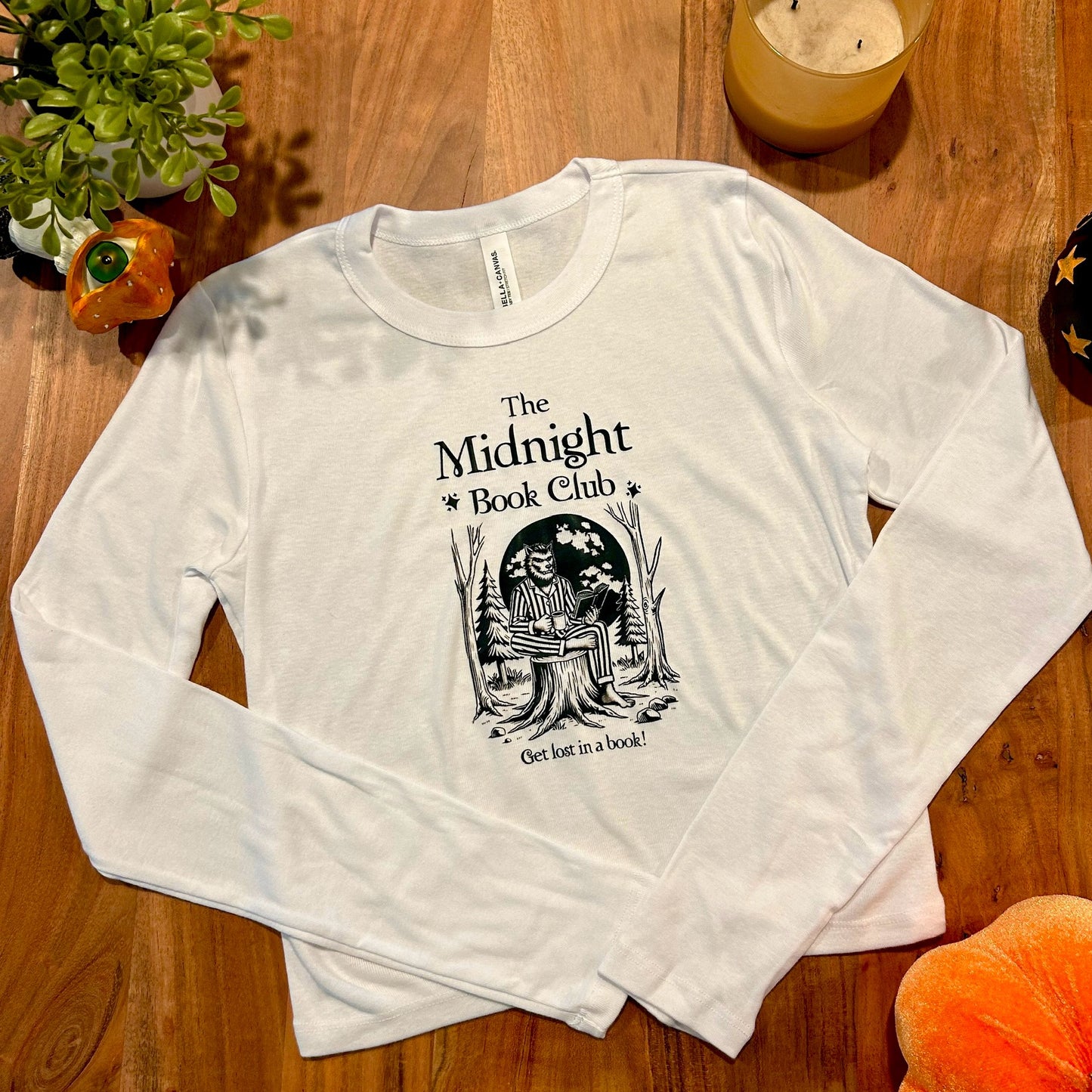 Midnight readers book club white long sleeve baby tee