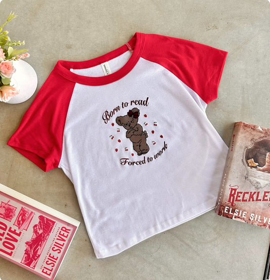 Born to Read, Forced to Work - red and white baseball baby tee