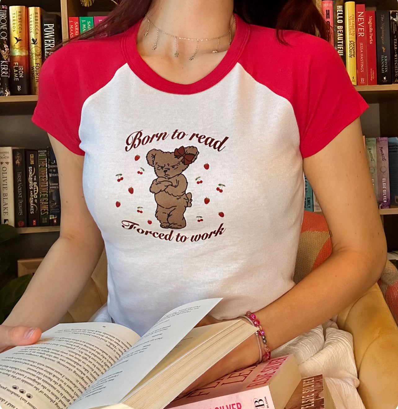 Born to Read, Forced to Work - red and white baseball baby tee