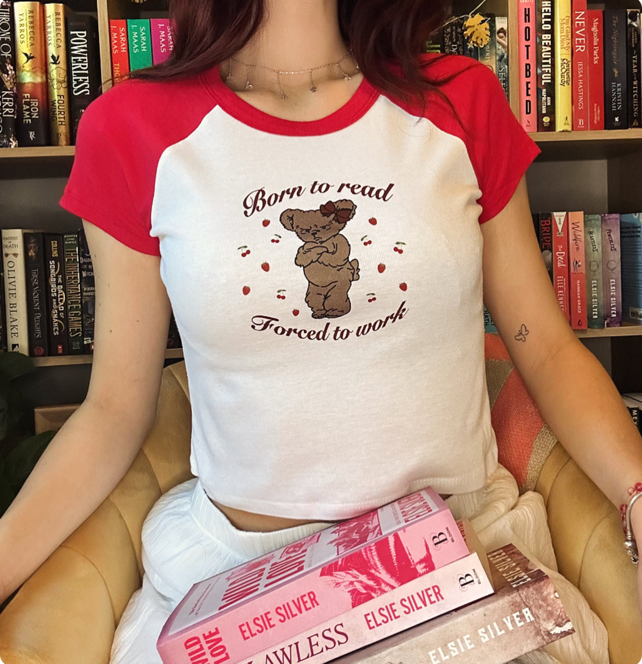 Born to Read, Forced to Work - red and white baseball baby tee